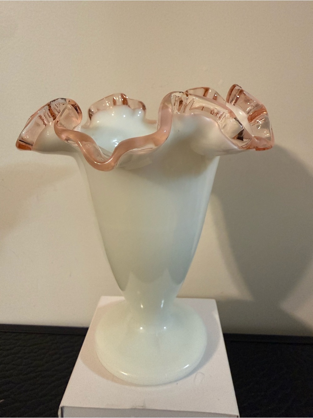 Siver crest Fenton White Milk Glass
Vase Pink Interior Ruffled Edge 6.5 inches